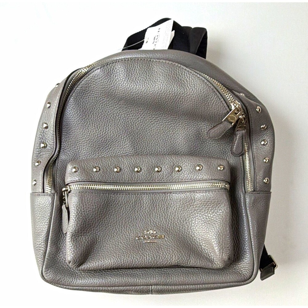 Coach Gray Medium Backpack Studded Zip Closure Adjustable Strap Pockets Lined
